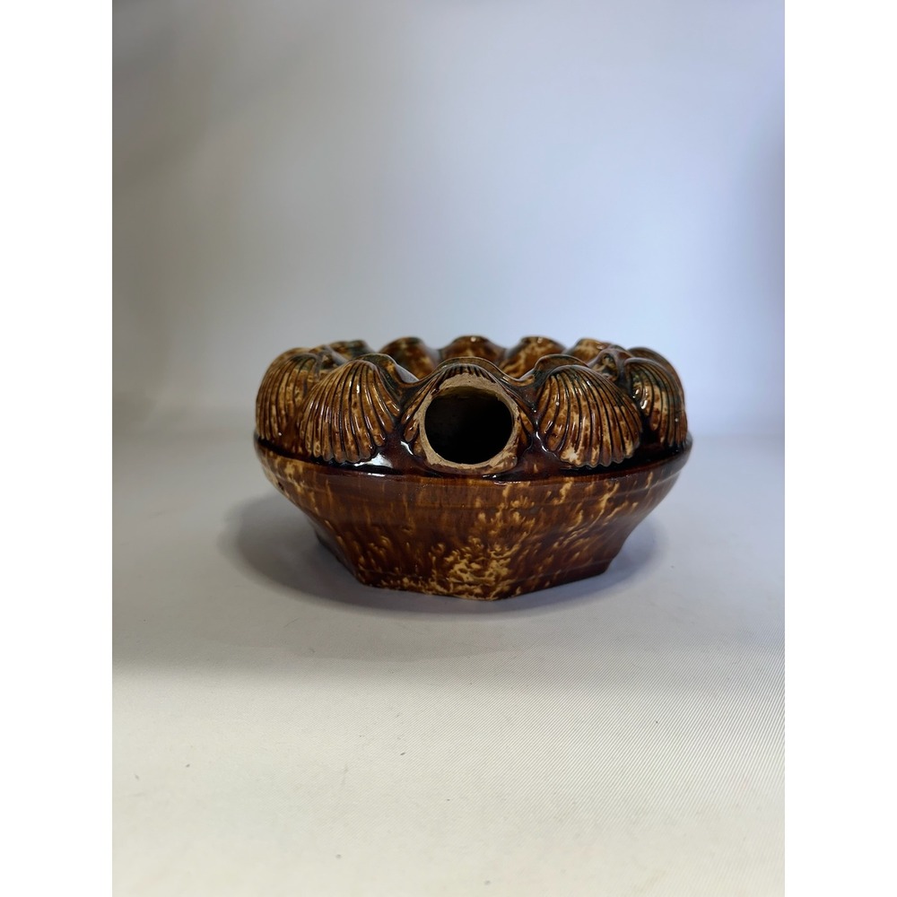 Vintage Rockingham Brown & White Glazed Pottery Shell Motif Spittoon Cuspidor